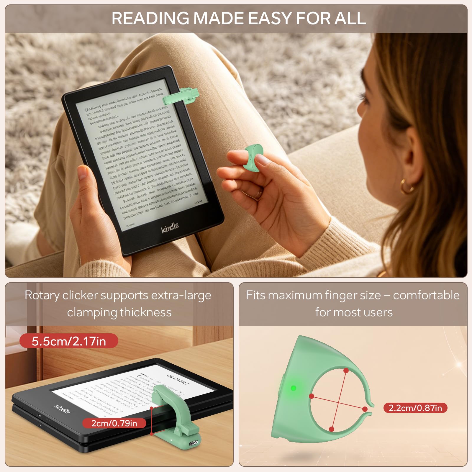 Fernbedienung Seitenumkehrer Ring für Kindle Paperwhite Oasis Scribe Kobo eReader, Kamera-Fernbedienung, entworfen für dicke Hülle, Seitenumkehrer Clicker für iPad, Tablets, Lesen von Romanen (grün)