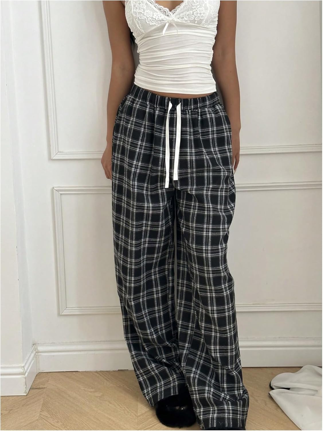 GORGLITTER Women's Plaid Checkered Wide Leg Pants Gingham Drawstring Elastic Waist Pajama Lounge Trousers with Pockets - Image 4