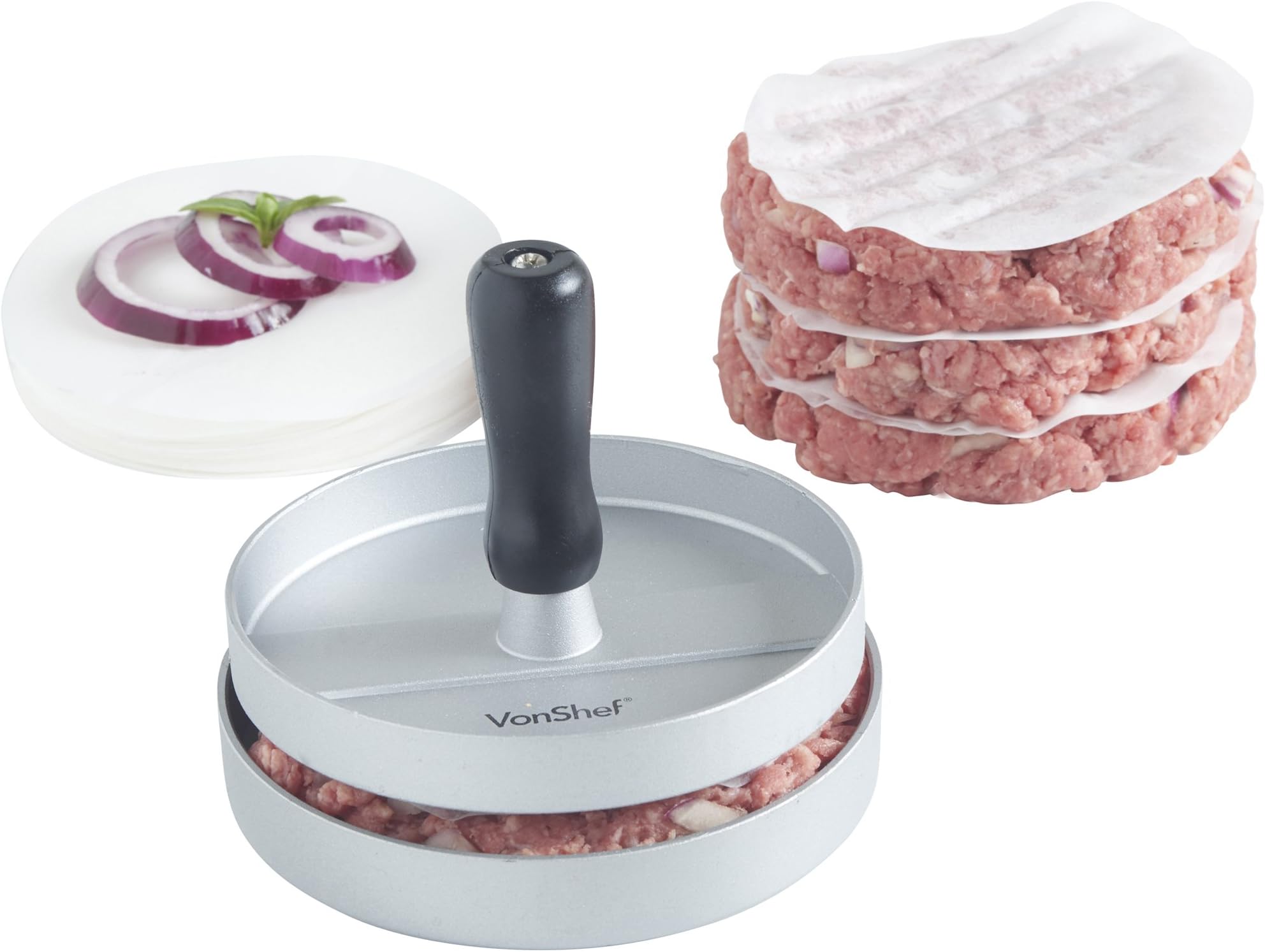 VonShef 12cm Single Burger Press Homemade Hamburger Maker Quarter Pounder with 100 Non-Stick Wax Discs