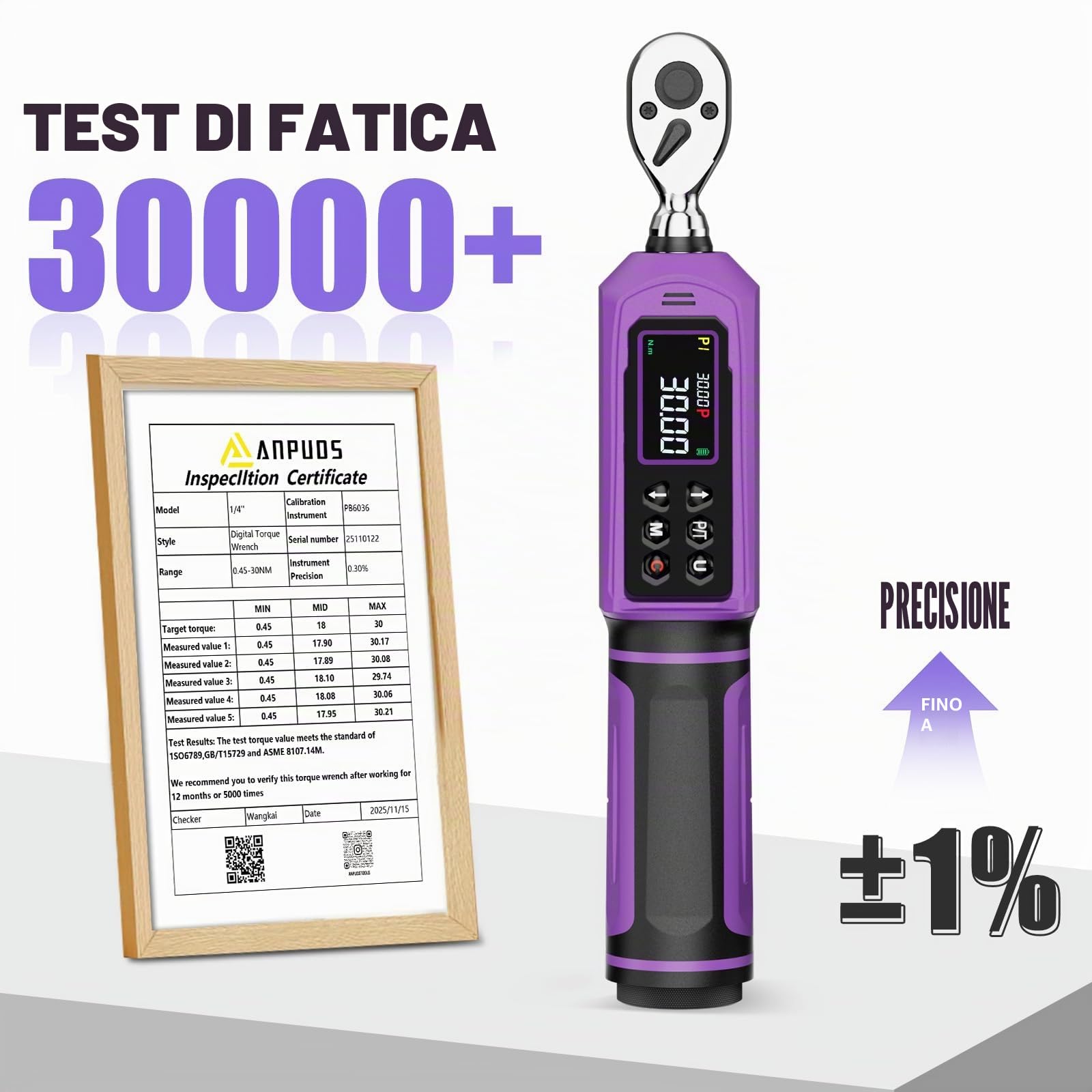 ANPUDS Chiave Dinamometrica Digitale 1/4", 0.45-30 Nm, ±1% Precisione | con Maniglia Vibrante, Cicalino e LED, Coppia a Doppia Direzione, per Bici da Strada e Montagna, Moto(Viola)