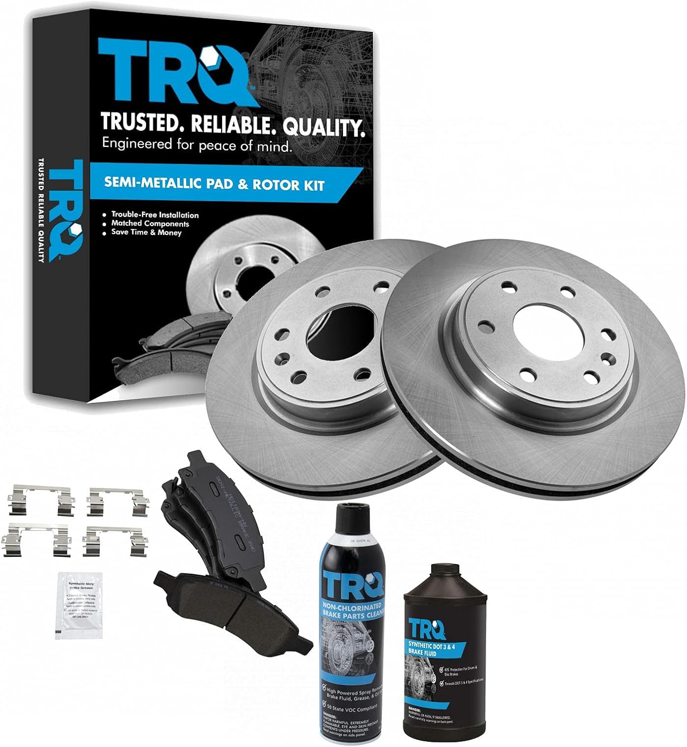 TRQ Front Disc Brake Rotor & Metallic Brake Pad with Fluids Kit Set Compatible with 2007-2016 Acadia / 2008-2017 Enclave / 2007-2010 Outlook / 2009-2017 Traverse