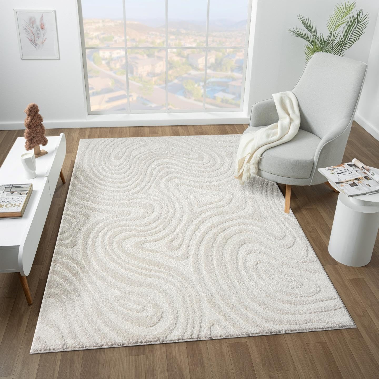 LUXE WEAVERS Geometric Swirl Cream 6x9 Area Rug High Low Modern Carpet