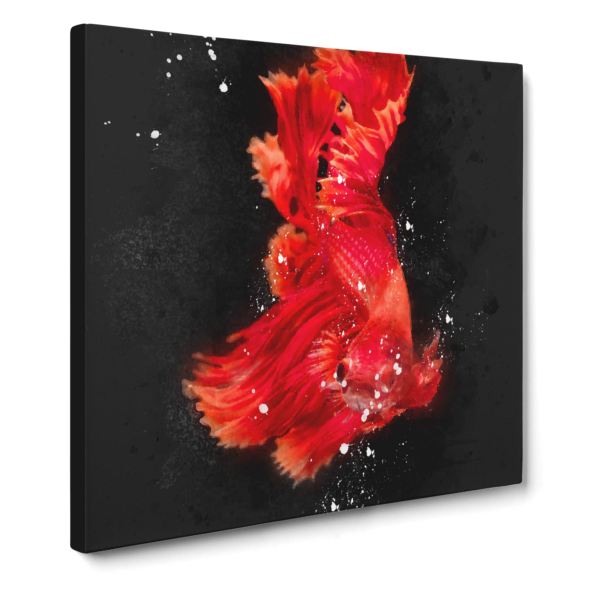 Red Siamese Fighting Fish Paint Splash Modern Canvas Wall Art Print Ready to Hang, Framed Picture for Living Room Bedroom Home Office Décor, 14x14 Inch (35x35 cm)