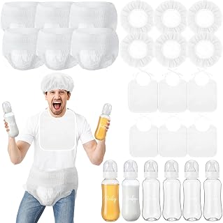 6 Sets Bottle Chug Baby Shower Games Juegos Para Plastic Baby Bottles Bibs Hat Disposable Diapers Gender Reveal Games Baby Changing Diaper Race Game Decoration (White)
