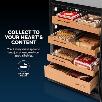 NewAir 1500 Count Electric Cigar Humidor Cabinet | Built-In or Freestanding Cigar Cooler with Spanish Cedar Drawers, Electronic Humidity & Temperature Control | LED Lighting, and Opti-Temp Heating