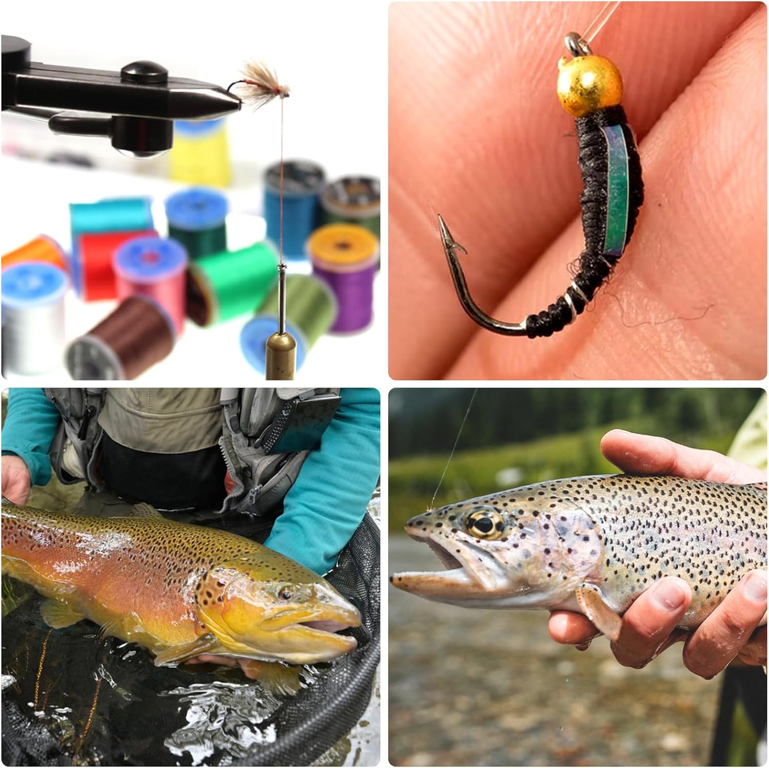 107Pcs Fly Tying Materials Kit Flashabou, Threads, Fishing Beads, Spinner Blades, Split Rings, Snap Swivels, Fly Tying Hooks DIY Supplies for Fly Fishing Flies Spinners Trout Bass Salmon