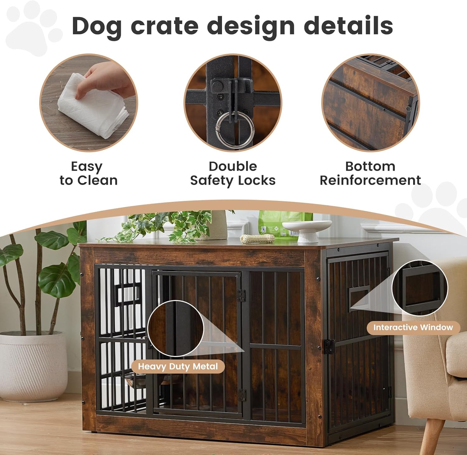 27 Inch Heavy Duty Dog Crate Furniture for Puppy/Small Dogs, Decorative Pet House End Table with 3 Doors, Wooden Cage Kennel Furniture Indoor, Rustic Brown - Without Bowls