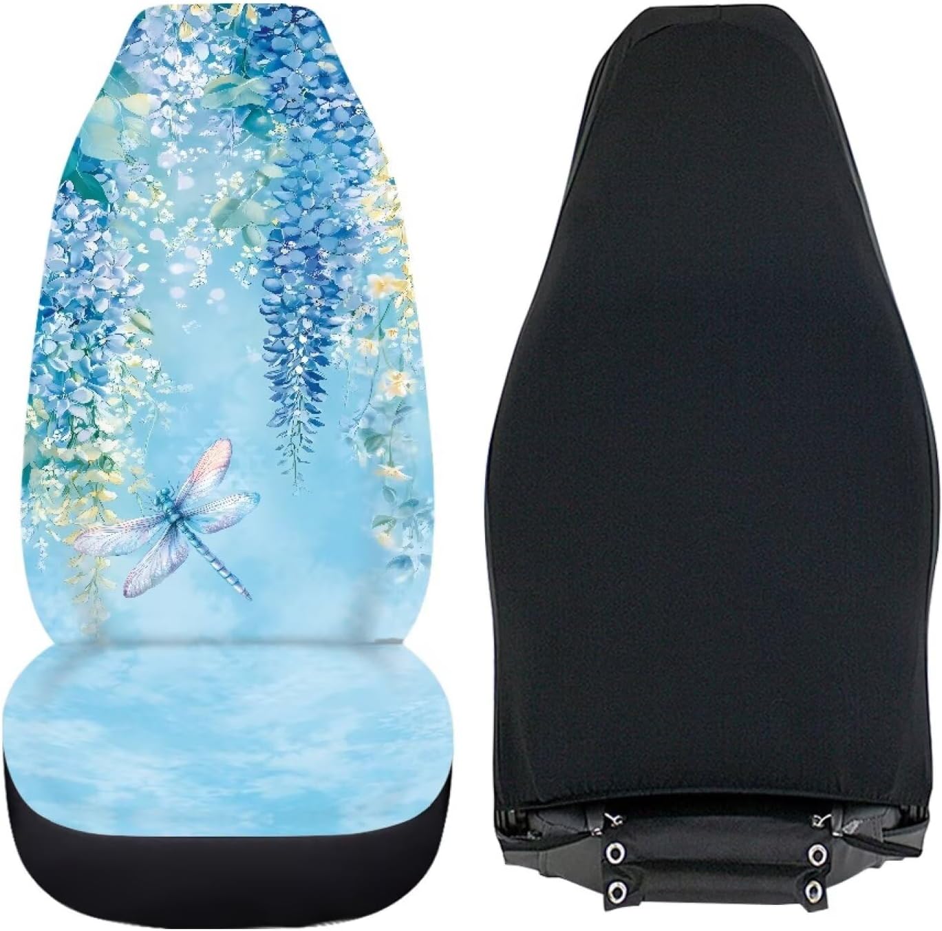 Blue Floral Dragonfly Print Floral Car Seat Covers 2PCS Set Fit Most Cars Automotive Interior Decor
