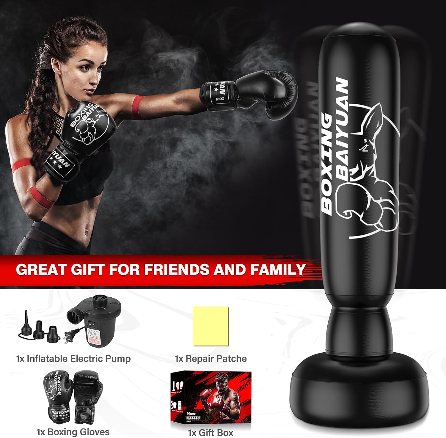 Freestanding Punching Bag for Adults Teens, 69'' Boxing Bag with Stand, Includes Boxing Gloves & Air Pump, Kick Boxing Training Equipment for MMA, Muay Thai, Kickboxing, Fitness for Beginners