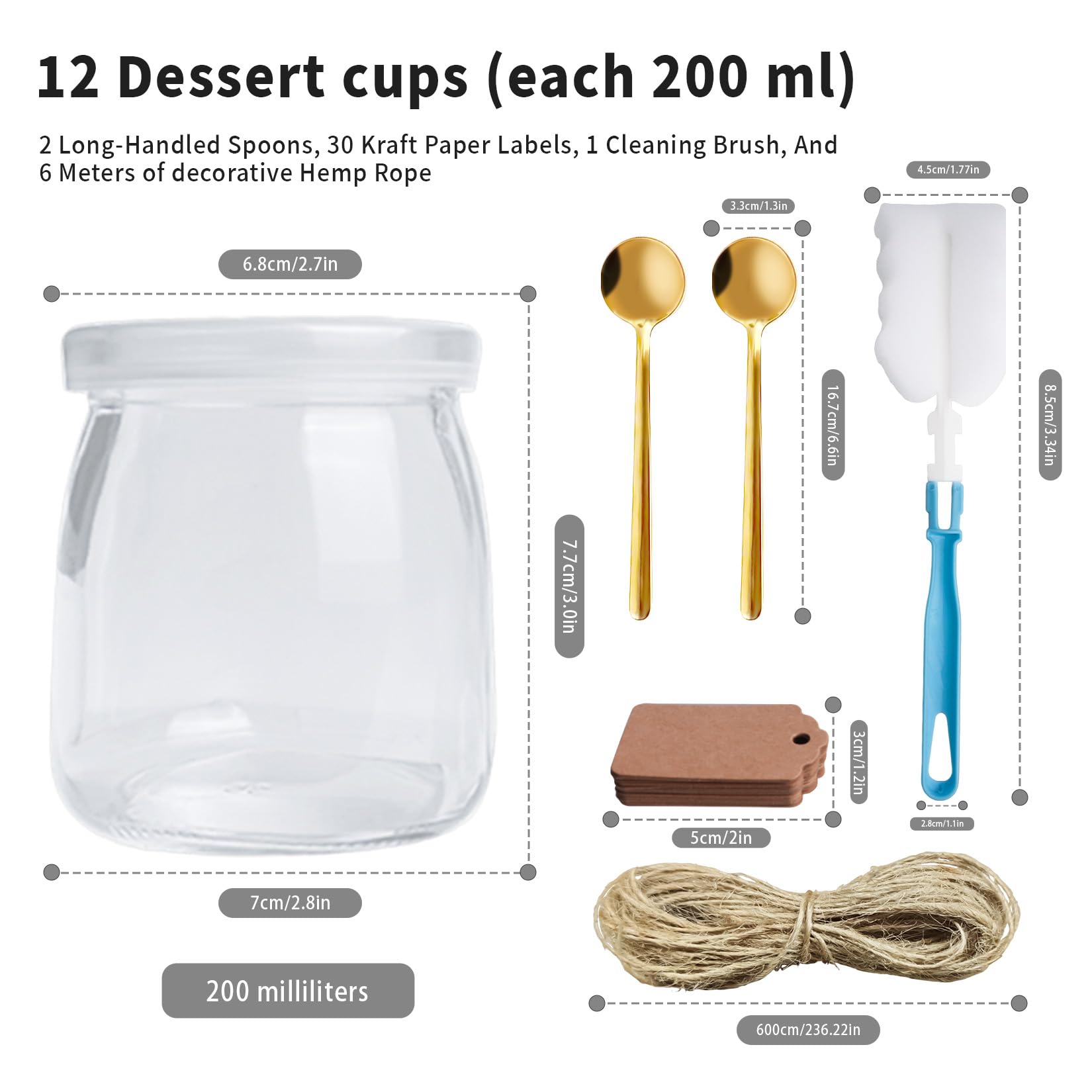 12 Pz Vasetti per Yogurt con Coperchio, 200 ml Barattolo Vetro con Coperchio, Bicchieri da Yogurt Trasparenti, Bicchieri da Dessert in Vetro per dessert, marmellata, muesli, mousse