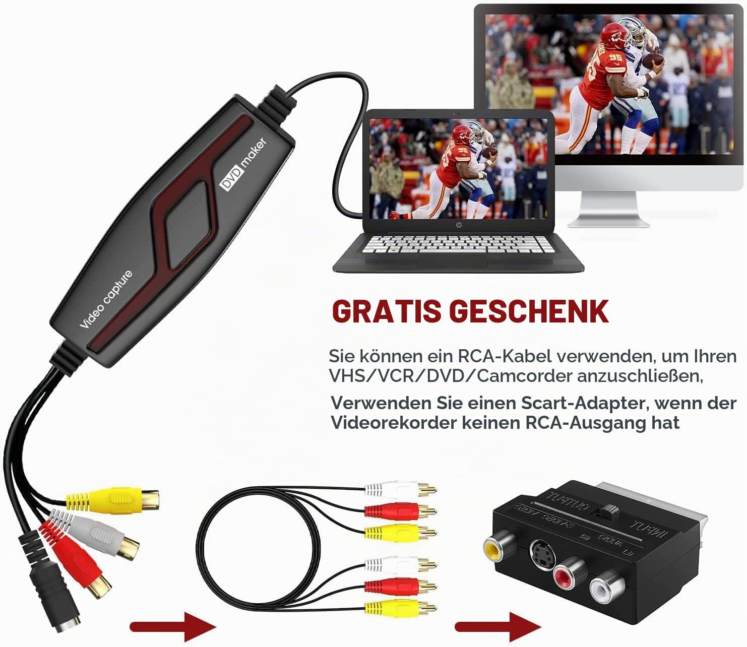 DIGITNOW! Video Grabber Überträgt Hi8 VHS auf Digital DVD für Windows 10 / Mac, Video Capture Karte mit Scart / AV Adapter,One-Touch-Videorecorder-Bearbeiten, Speichern und auf DVD Brennen