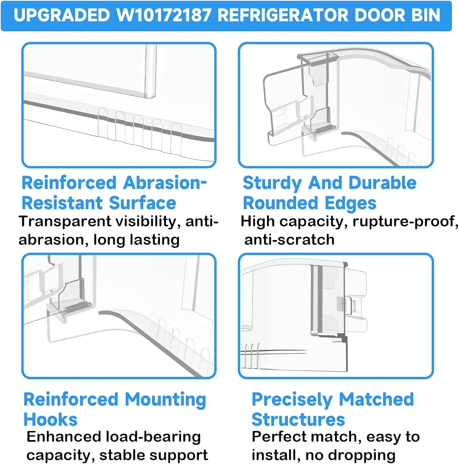UPGRADED WPW10172187 W10172187 Refrigerator Door Shelf Trim Compatible with Whirlpool Kenmore Refrigerator Door Shelf Bin Replacement Part 1871854 AP6016260 Whirlpool Fridge Door Bin Shelf Bar Clear