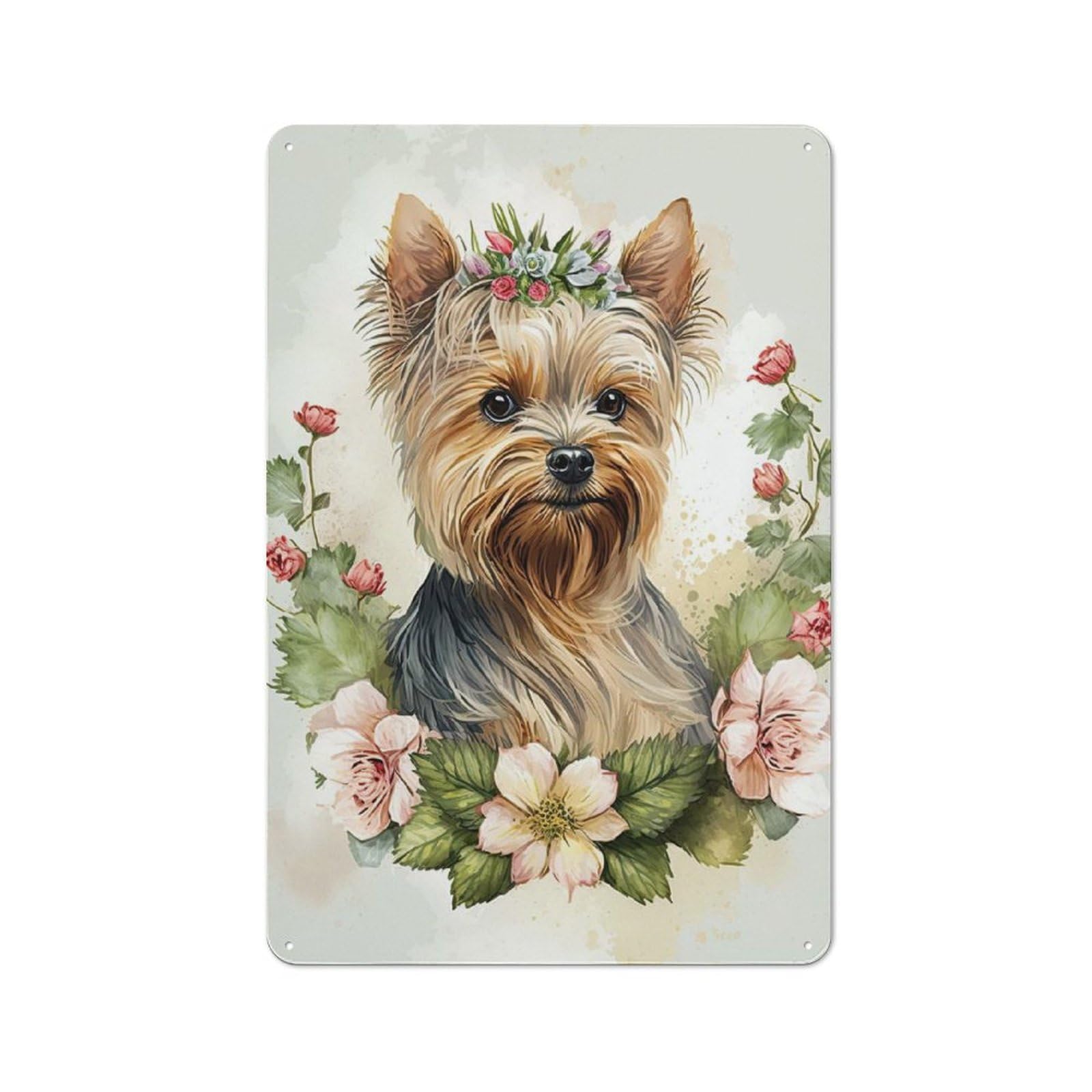 Metal Wall Plaque with Yorkshire Terrier Floral Design 30x20cm, Old Fashioned Vintage Wall Decor for Living Room, Hallway, Kitchen Or Cafe