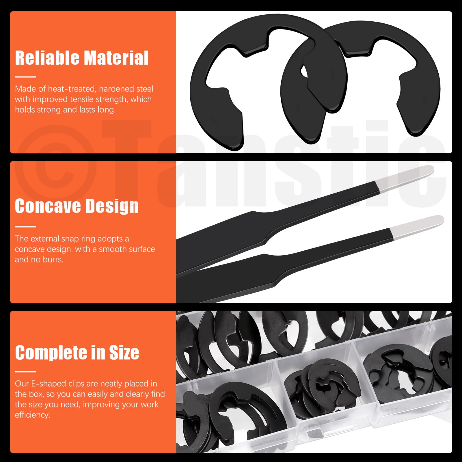 Tanstic 210Pcs 14 Sizes E-Clip External Retaining Ring E Clip Assortment Steel E-Clip for Bearings, Gears, Shafts(M1.5 M2 M3 M4 M5 M6 M7 M8 M9 M10 M12 M15 M19 M22) - Image 3