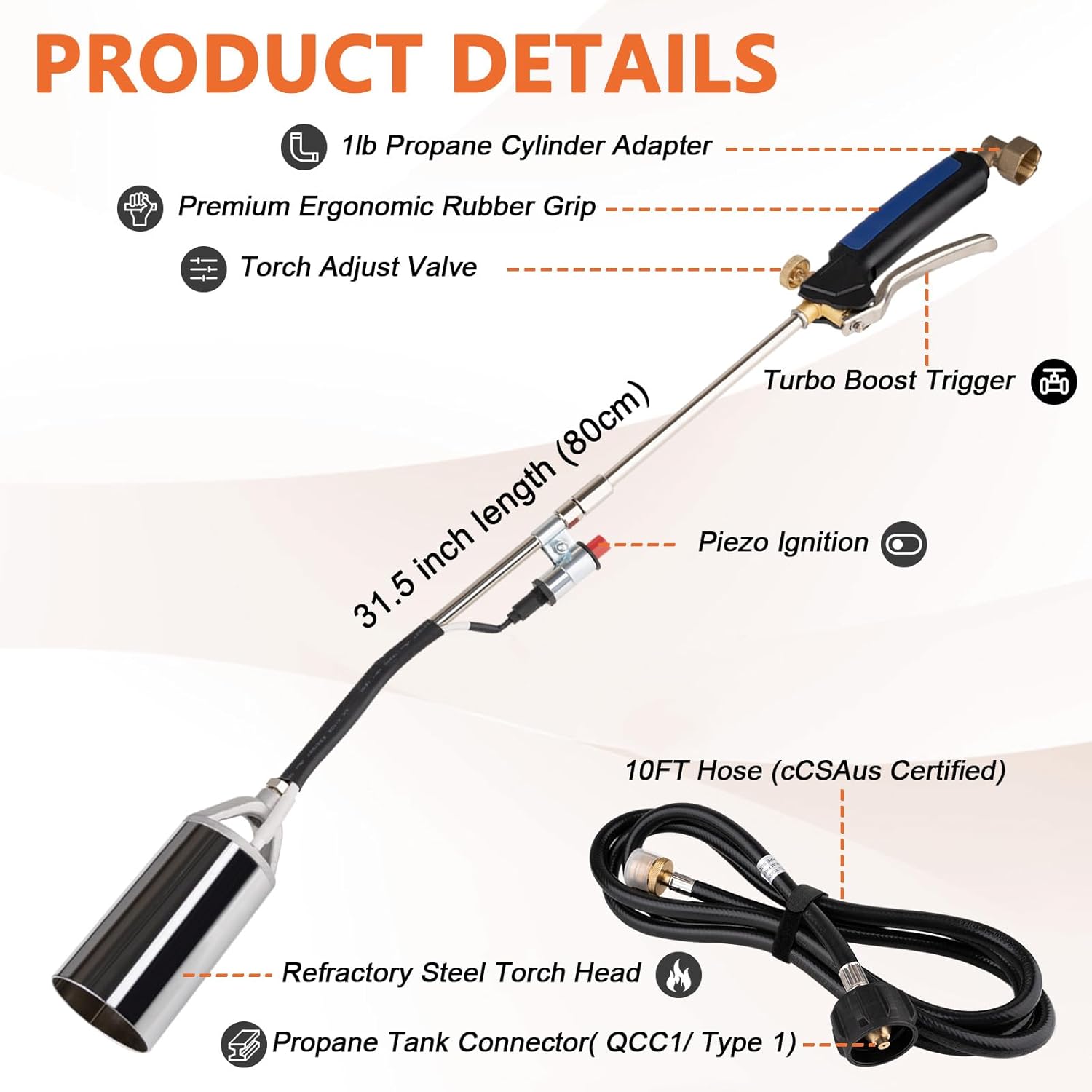 Propane Torch Weed Burner Kit with 10FT Hose, Adjustable Blow Torch Gun with Instant Ignition, Heavy-Duty Burner Torch for Weed Control, Ice Melting, Outdoor Burning Tasks