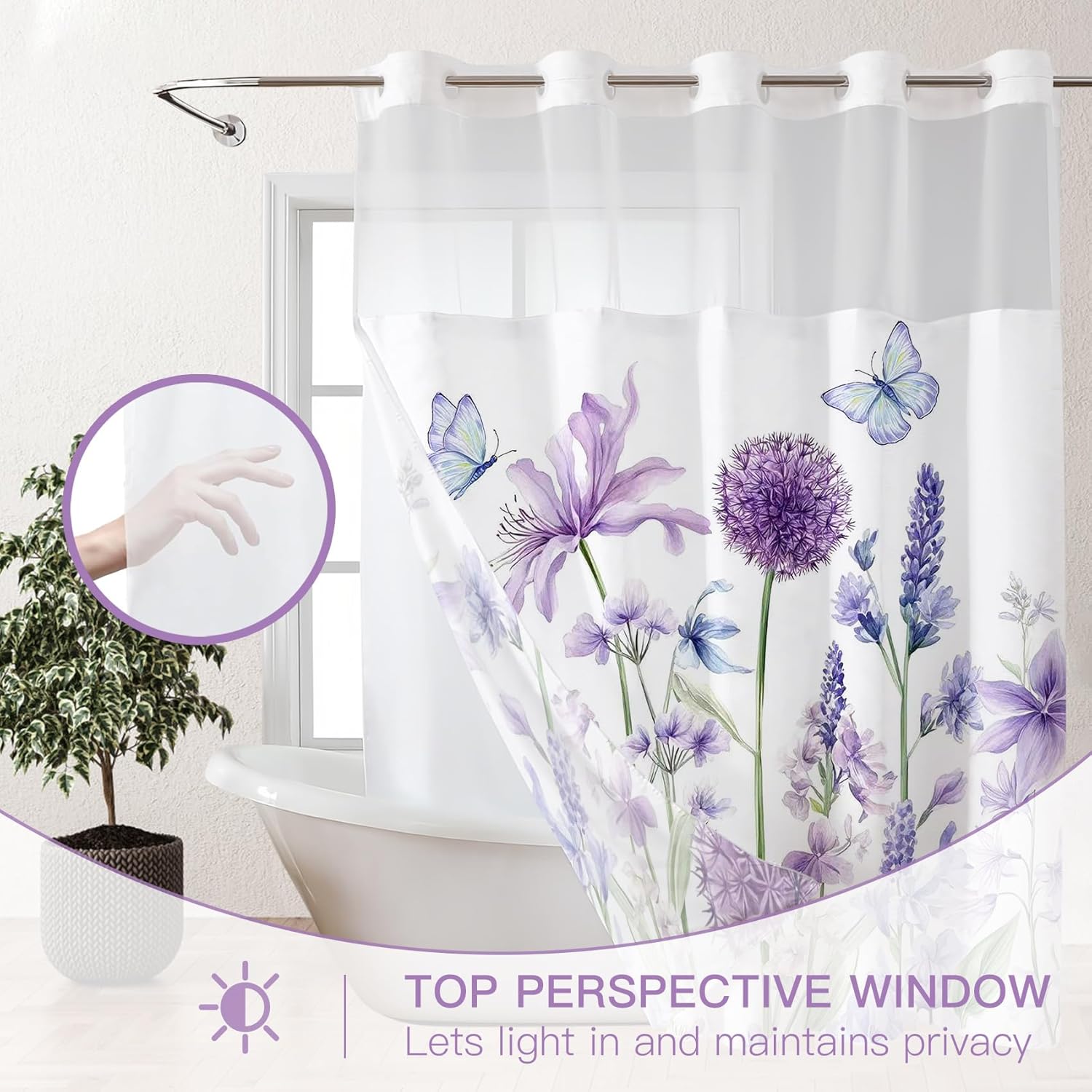 Purple Floral Hookless Shower Curtain with Snap in Liner Watercolor Flower Butterfly Shower Curtain No Hooks for Bathroom Modern Hotel See Through Bathroom Decor, 71W x 74L Inch