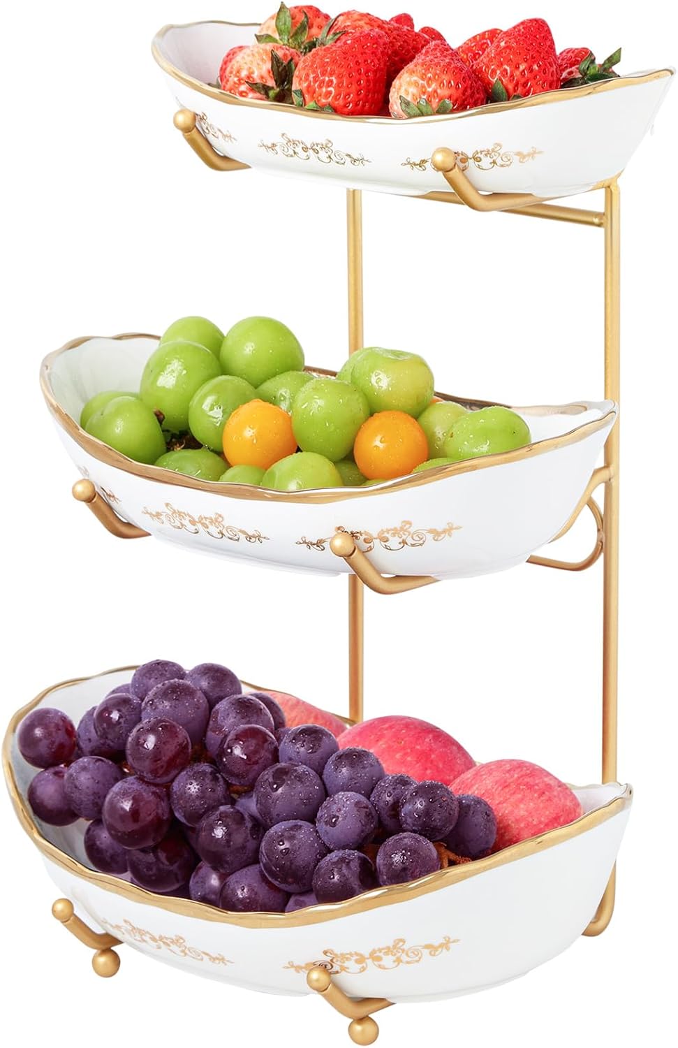 DUJUST 3 Tier Fruit Bowl, Elegant Ceramic Fruit Stand with Gold Scrollwork, Stackable & Easy to Store, Multifunctional Serving Tray for Fruit/Vegetables/Snacks - White Gold
