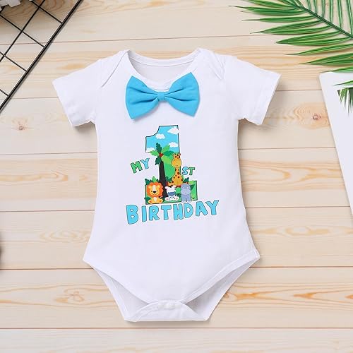 Miniatura 4 de IBTOM CASTLE Traje de 1er cumpleaños para bebé niño, mameluco de animales del bosque de la selva, bombachos y tirantes, 3 piezas, ropa para