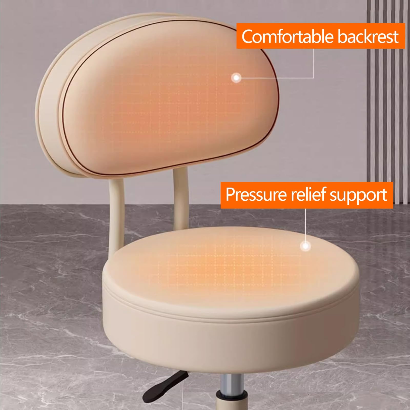 Taburete Peluqueria con Ruedas y Respaldo Regulable en Altura 43-52cm, Taburete Tocador Maquillaje Giratorio en 360 (White)