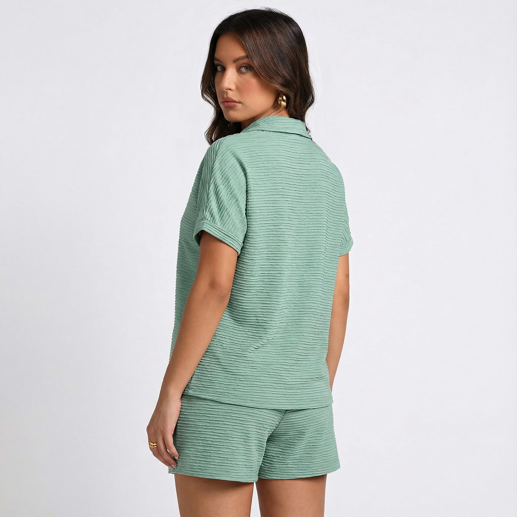 2-teiliges Set für Damen Sommer kurzärmelig Sweatsuit V-Ausschnitt Tops und Shorts mit Kordelzug Outfits Sets