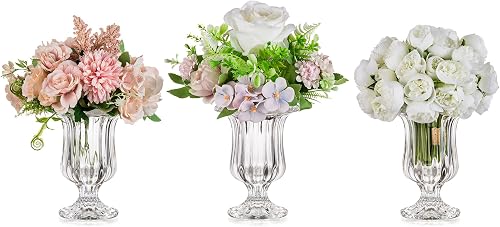 Glasseam Small Glass Vases for Flowers, Pedestal Compote Vase Set of 3 | 5.7"H Short Crystal Ribbed Clear Footed Urn, Vintage Centerpiece Decor for Weddings, Dining Tables, Home, Floral Arrangements