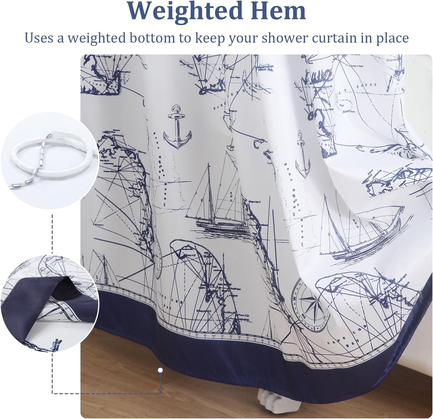 Nautical Shower Curtain Navy and White, Waterproof Polyester Fabric with Anchor Sailboat Print, Bathroom Decor for Coastal Bathroom, 72 x 72 Inches