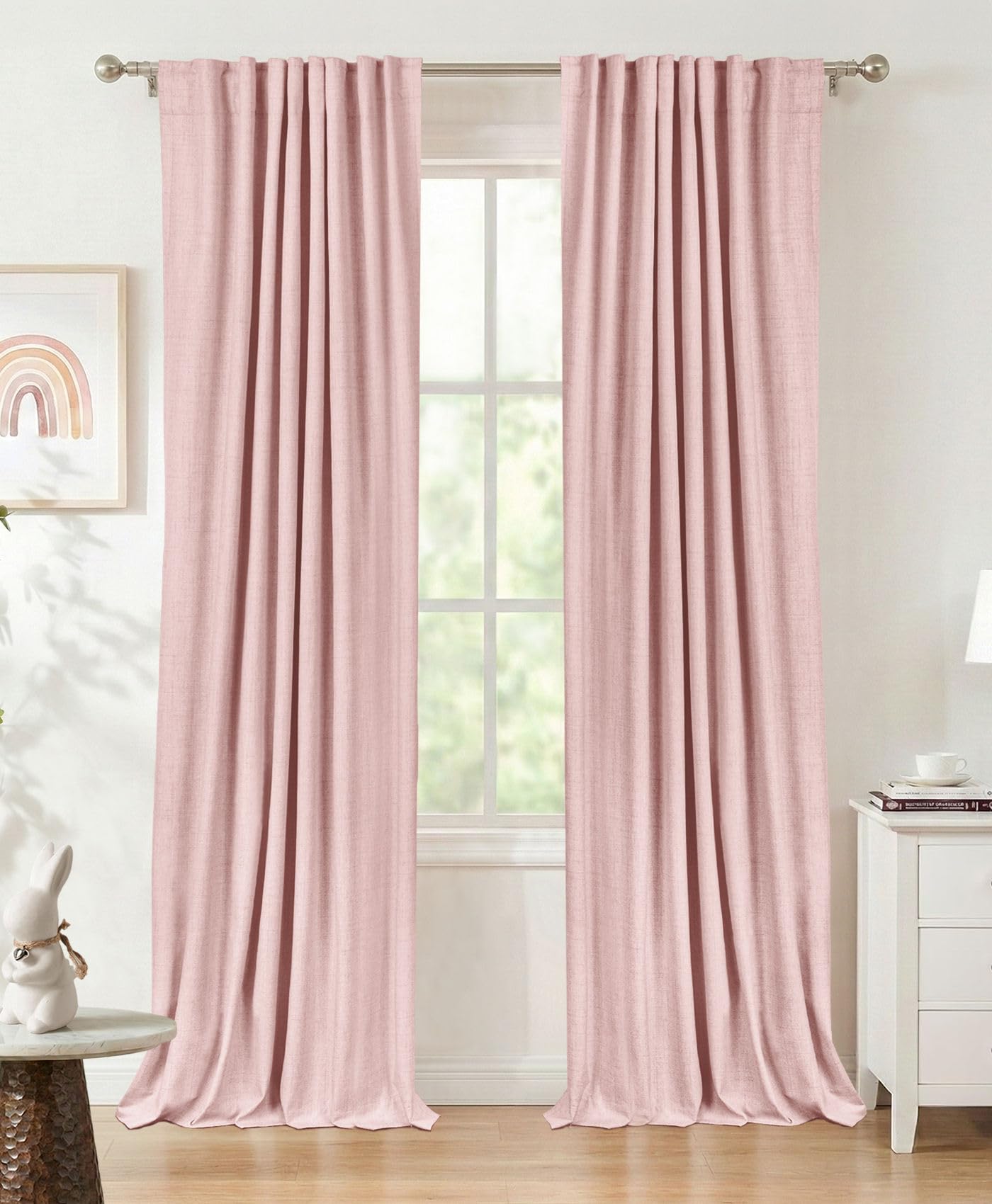 Faux Linen Total Blackout Curtains for Bedroom 84 Inches Long, Baby Pink