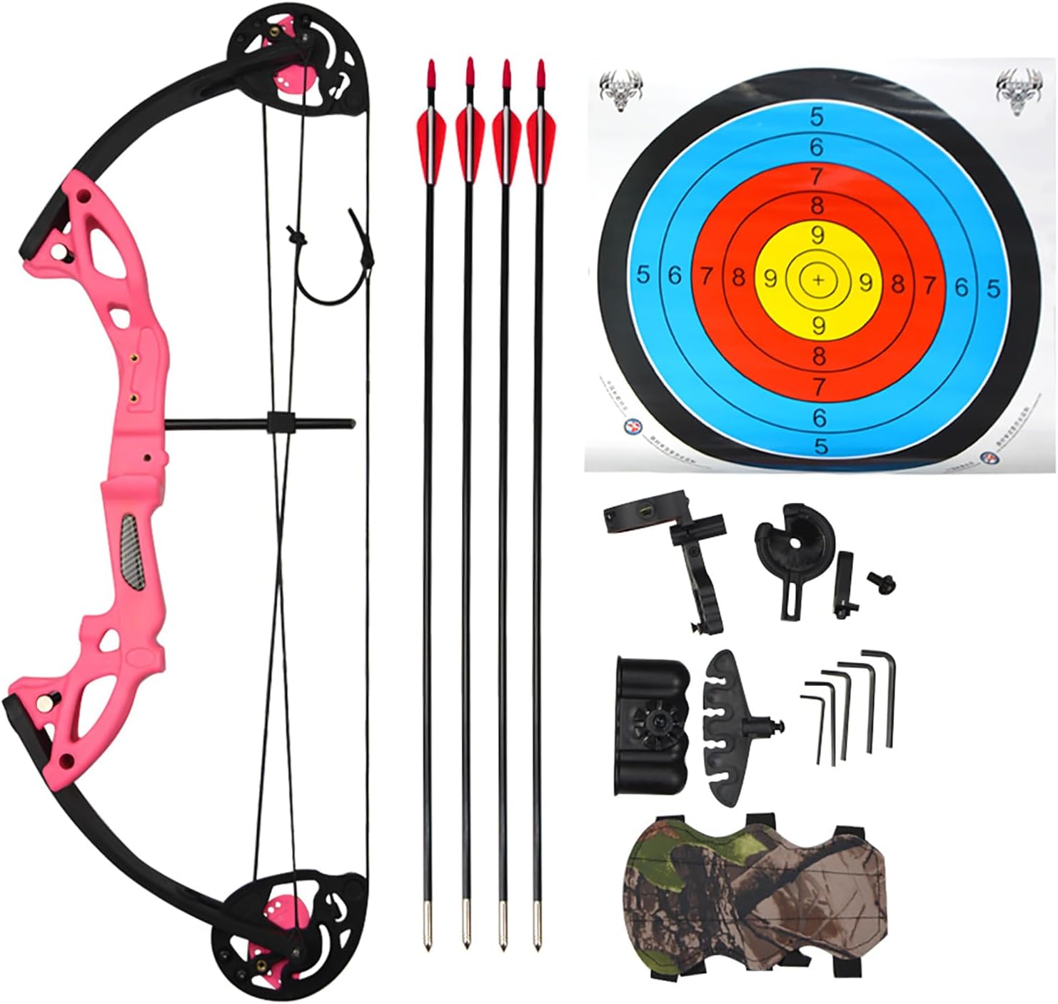 Youth Compound Bow Set,Draw Weight 15-29lbs,Draw Length 19-28in,Includes 4 Arrows,Arm Guard,Arrow Stand and Quiver,Single Pin Sight & Target Paper,Archery Training