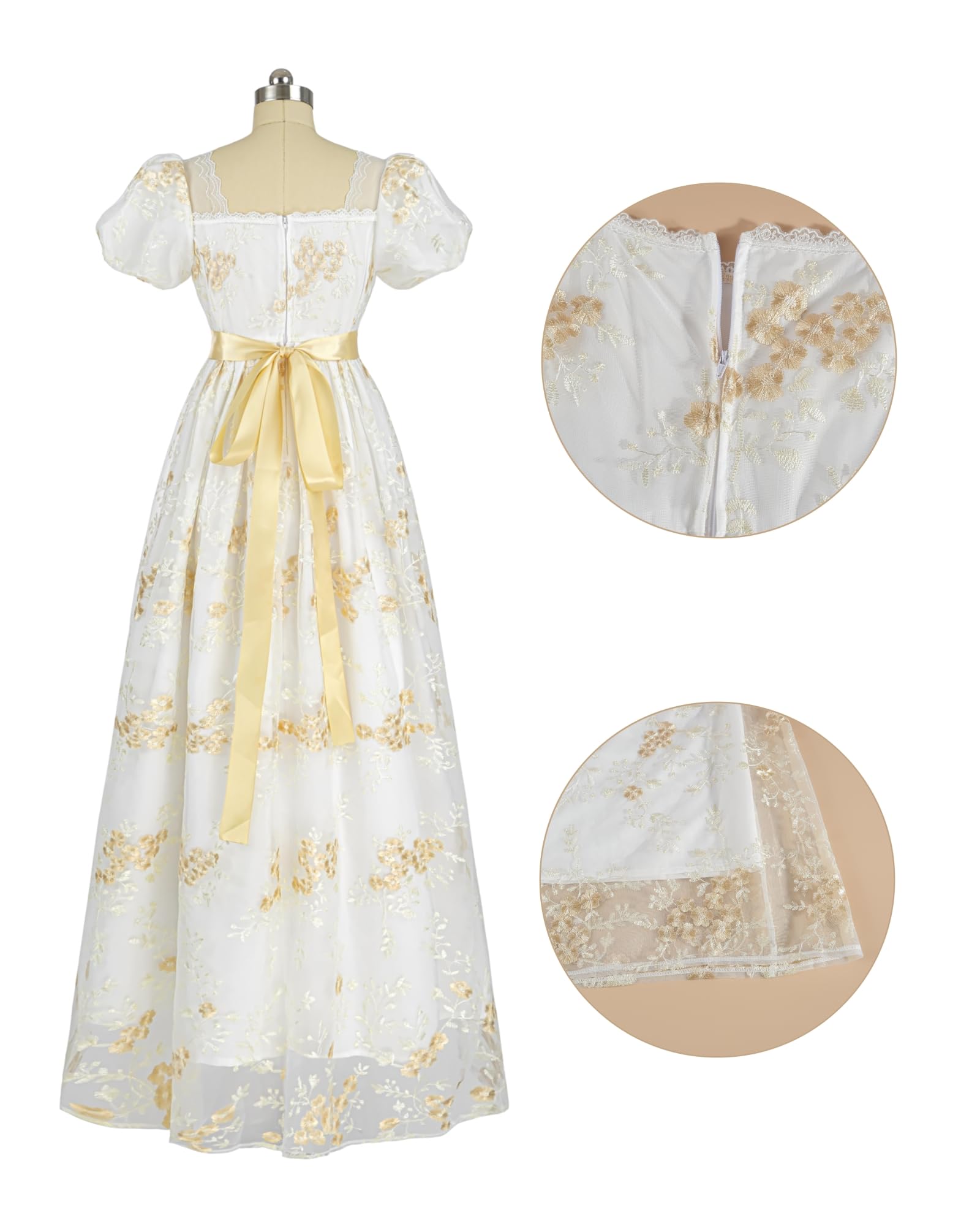 Longue robe empire de bal de style vintage et victorien, inspirée de Jane Austen au temps de la régence anglaise, avec gants inclus, pour femme