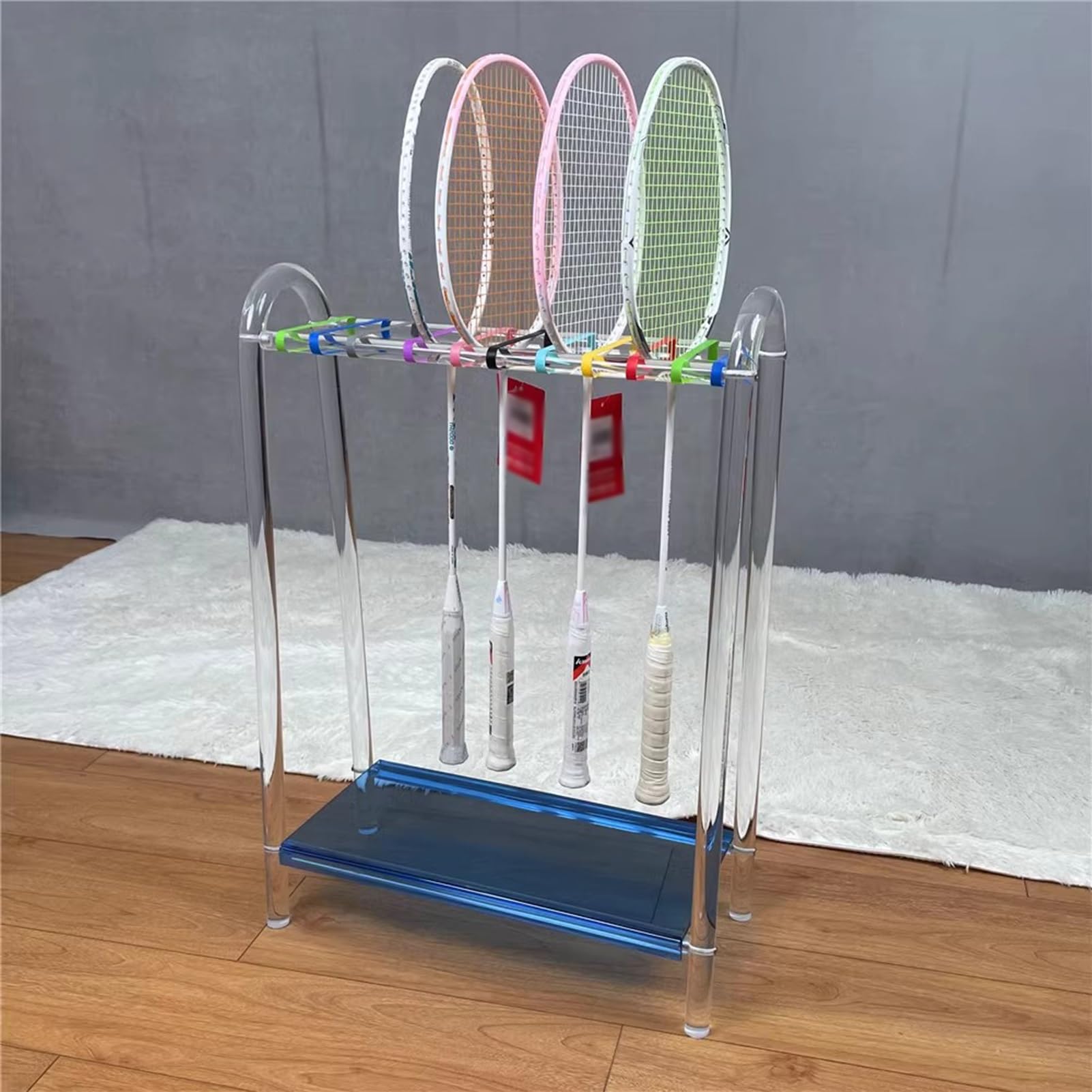 Kunovo Acrylic Tennis Racket Storage Rack, Orange/Blue Badminton Racquet Display Holder, Household Sports Equipment Storage Stand Saving Space(Blue)