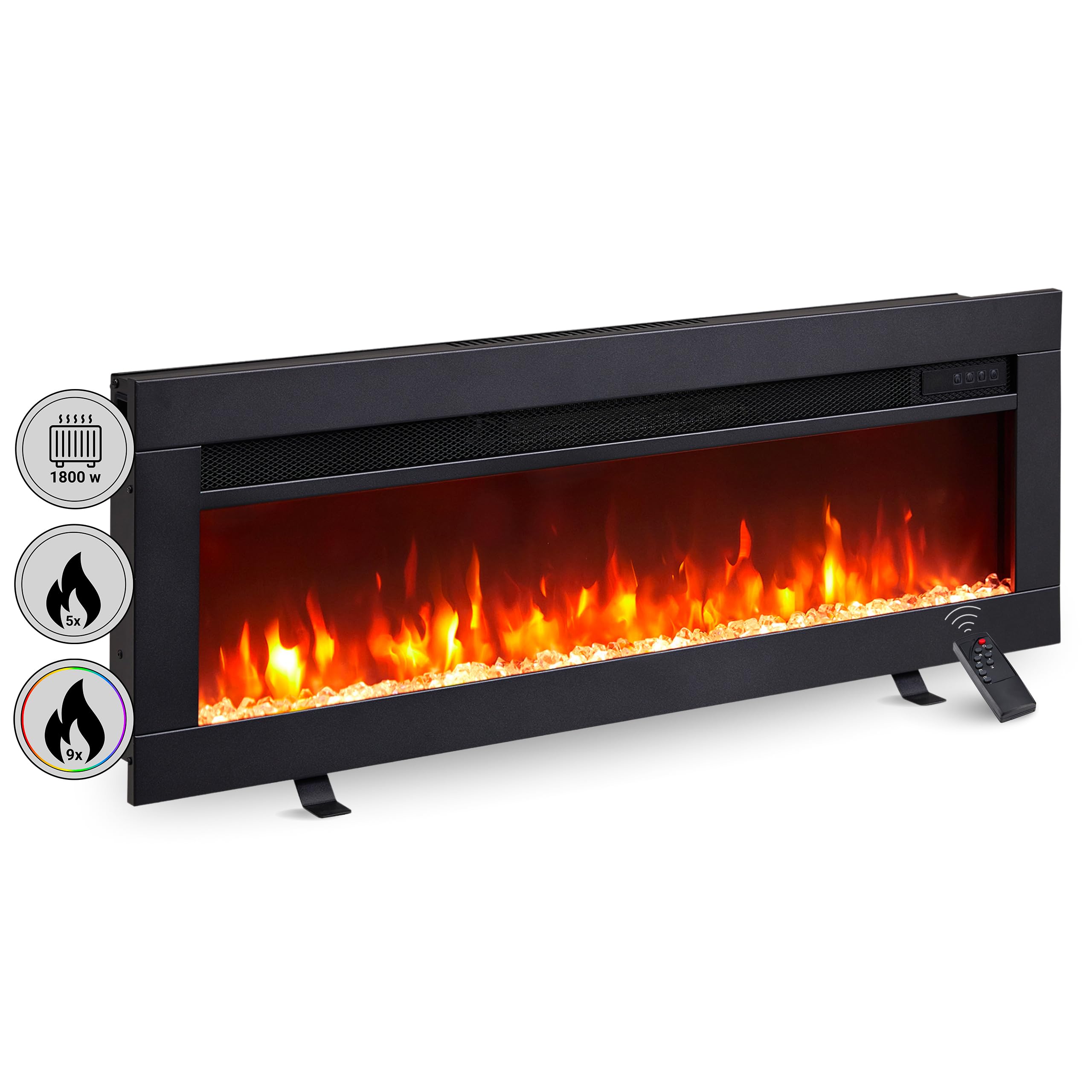 BALDERIA Agnes 36" | Chimenea eléctrica con calefacción 1000/2000 W | Montado en la Pared, Empotrado, Independiente | Efecto de Llama 3D | Control Remoto programable, Temporizador, termostato | Negro