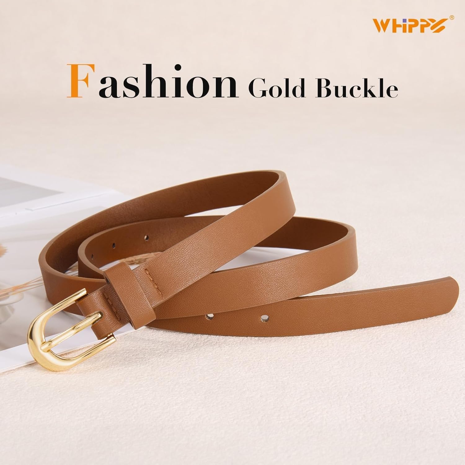 WHIPPY Women's Skinny Leather Belt for Jeans Dress Pants Fashion Ladies Thin Waist Belt with Gold Buckle - Image 3
