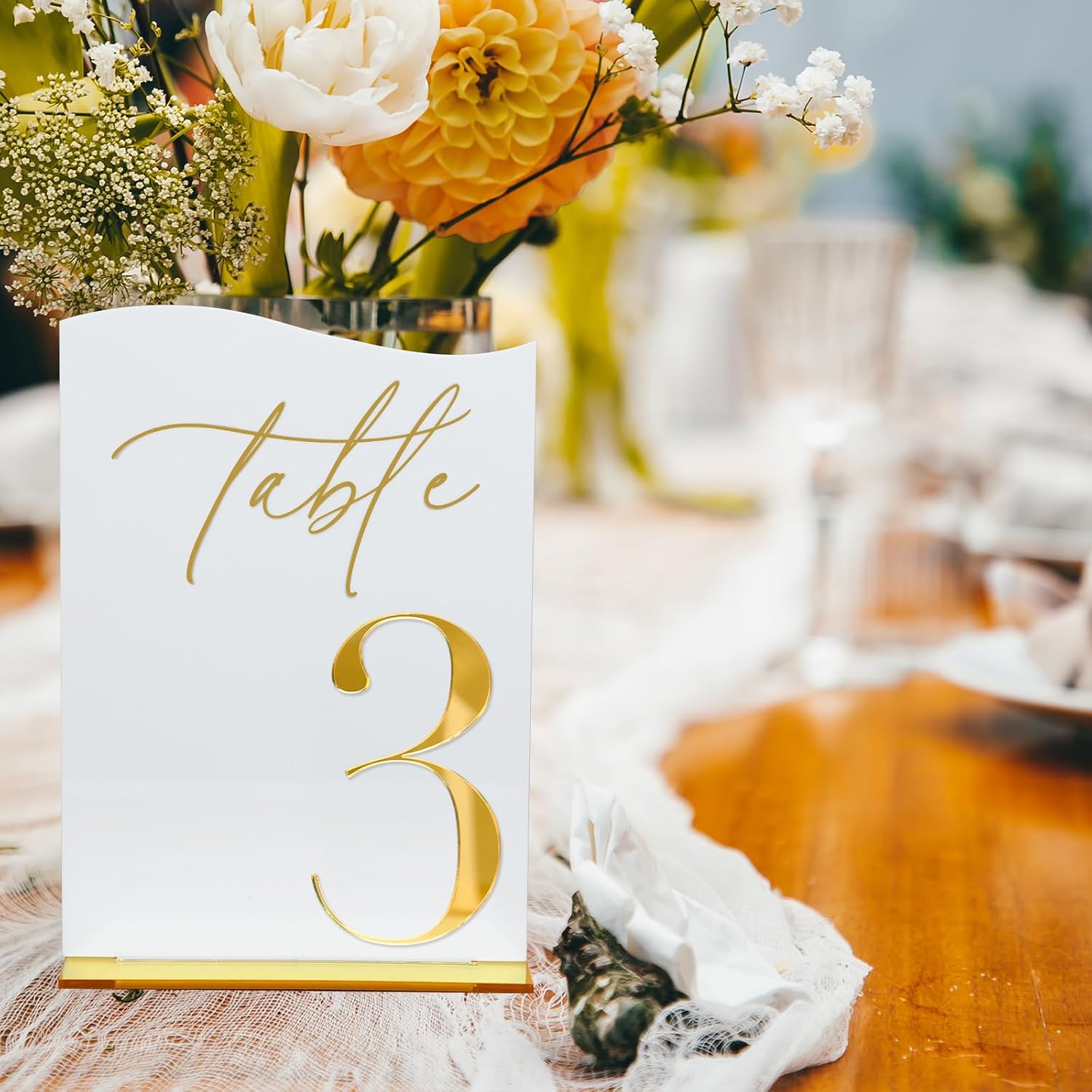 White Acrylic Wedding Table Numbers 1-10, Gold Mirror Numbers with Stands