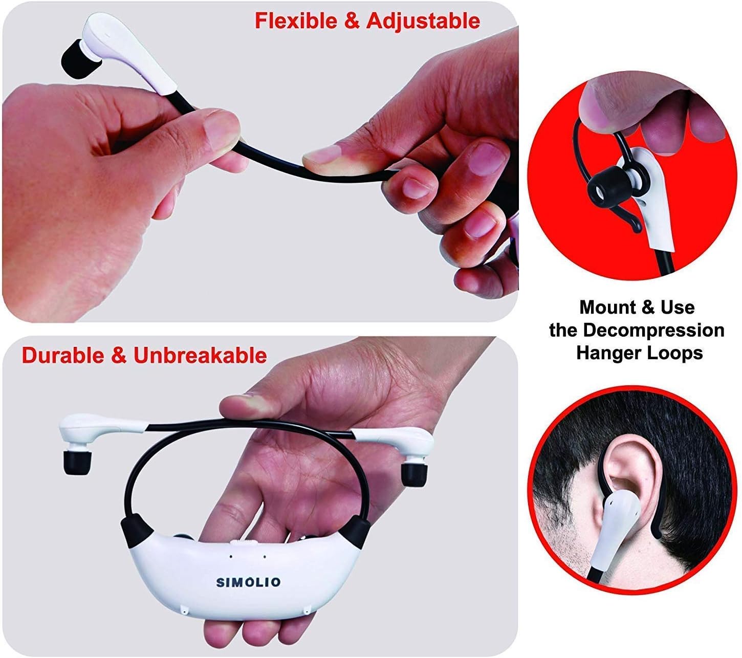 Detailed diagram of the SIMOLIO SM824D1 headset controls, including Power ON/OFF, Balance Control, Volume Control, Personal Sound Amplifier Button, and the Li-battery compartment.