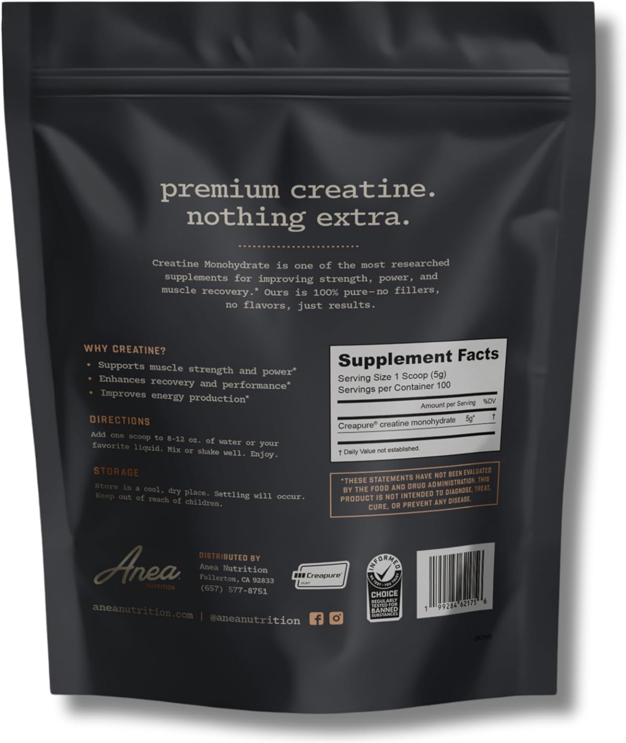 Anea Creatine Monohydrate - Unflavored | 5g Creapure® per Serving | Supports Muscle Energy, Strength & Recovery | Pure & Filler-Free | Made in GMP Facility