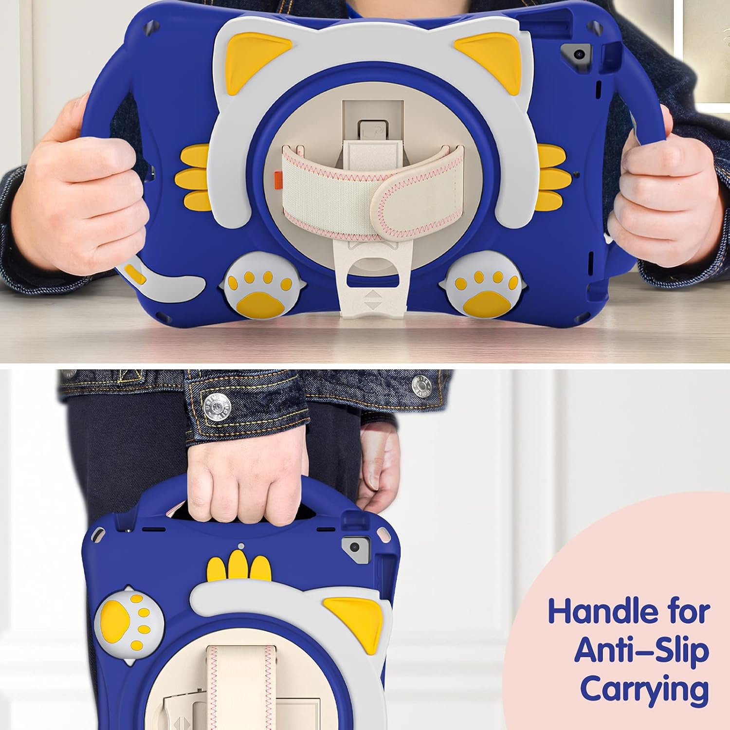 Shockproof Kids Case for iPad 10.2 (2021/2020/2019),Cute Cat Dropproof Protective Cover for iPad 10.2 inch 9th/8th/7th Generation W 360° Rotating Kickstand+Handle+Shoulder Strap