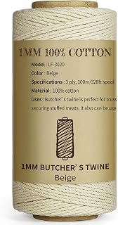 TJ.MOREE Butchers Twine, 3Ply 100m/328 1mmThick Feet String Food Oven Safe Cotton Cooking Meat Rope Bakers Twine Fit to Parcel Sausage and Decorate Crafts (Beige)