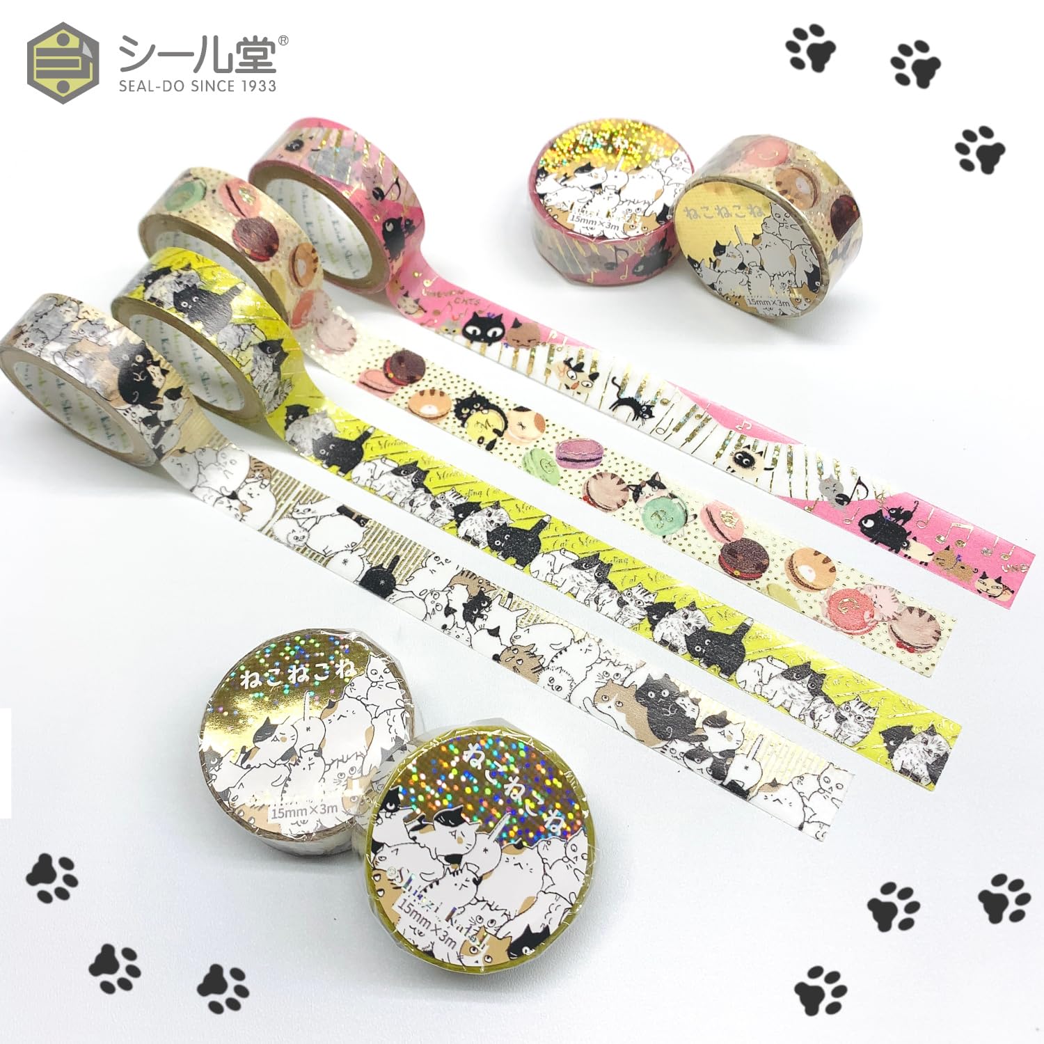 シール堂 Shealdo Shinzi Katoh ks-dt-20135 Nekonekone Cat Meeting 2 Rolls Set of 16.6 ft (3 m) Rolls
