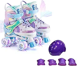 Patins Infantil Sereia com 4 Rodas Iluminadas LED, Ajustável, para Crianças com Kit de Proteção