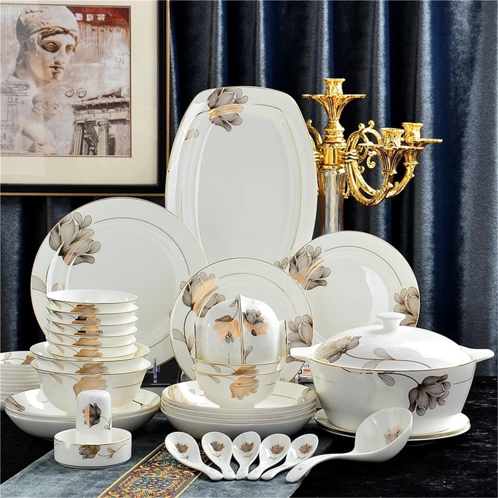 vajilla completa Juego de vajilla porcelana hoja oro 46 piezas | Vajilla con platos de diseño dorado, perfecta for Navidad y cocina.