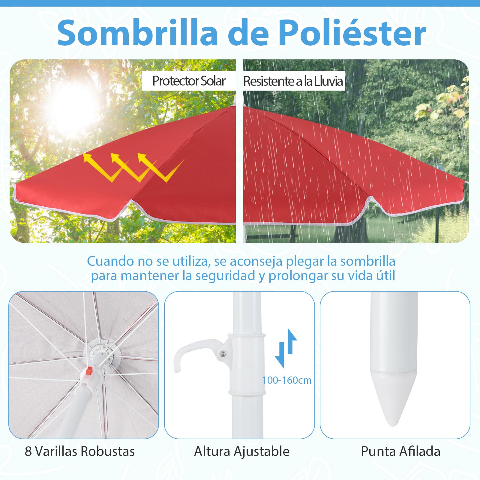 COSTWAY Mesa de Picnic para Niños, Mesa de Actividades con Sombrilla Ajustable y Plegable, 4 Bancos Incorporados para hasta 8 Niños, Juego de Mesita de Picnic de HDPE con Marco Metálica (Azul+Rojo)