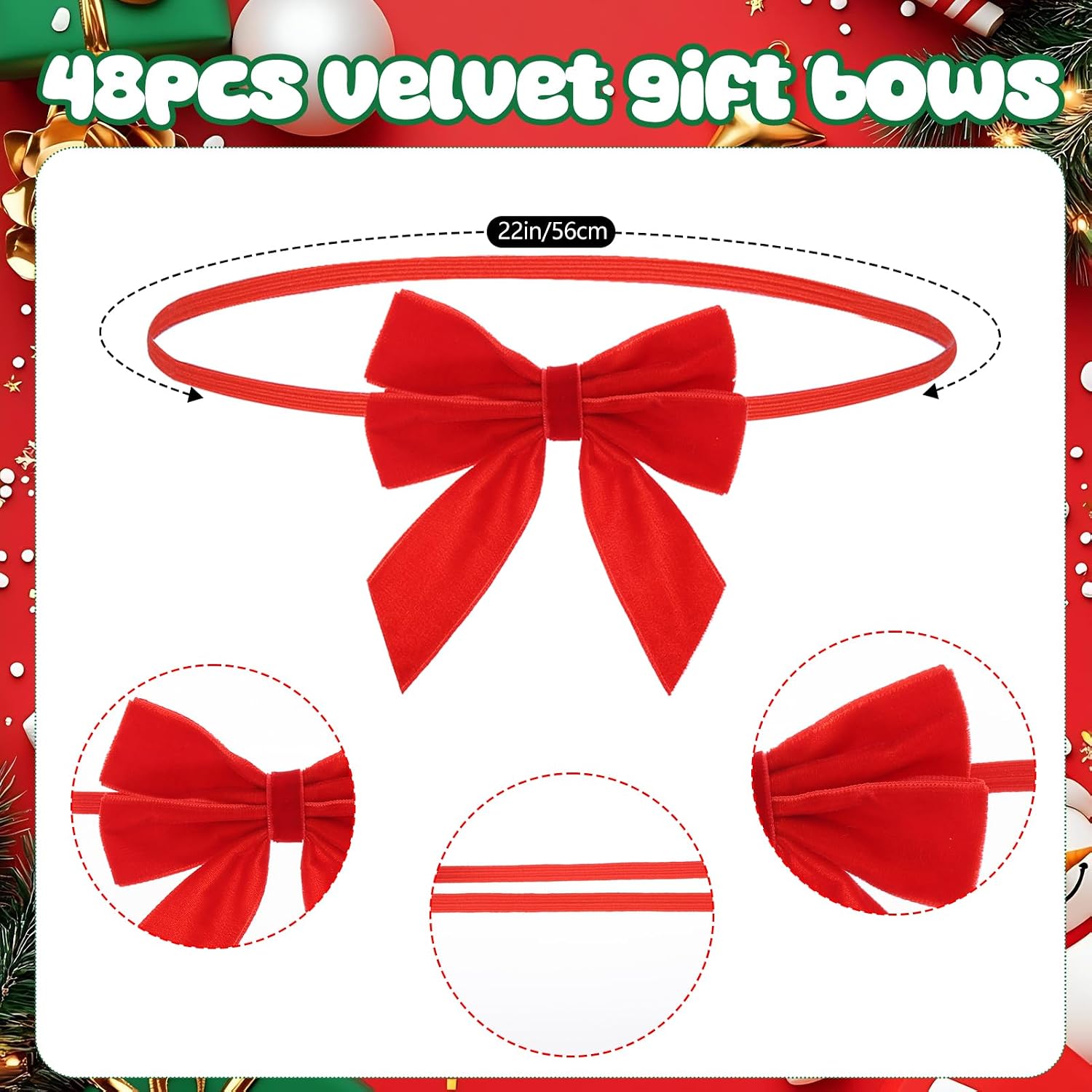 48 Pcs Velvet Christmas Bows for Gift Wrapping, 12" Stretch Elastic Loops with Pre Tied Bows for Flat Gift Boxes Wrapping Xmas Baby Showers Weddings Party Favors