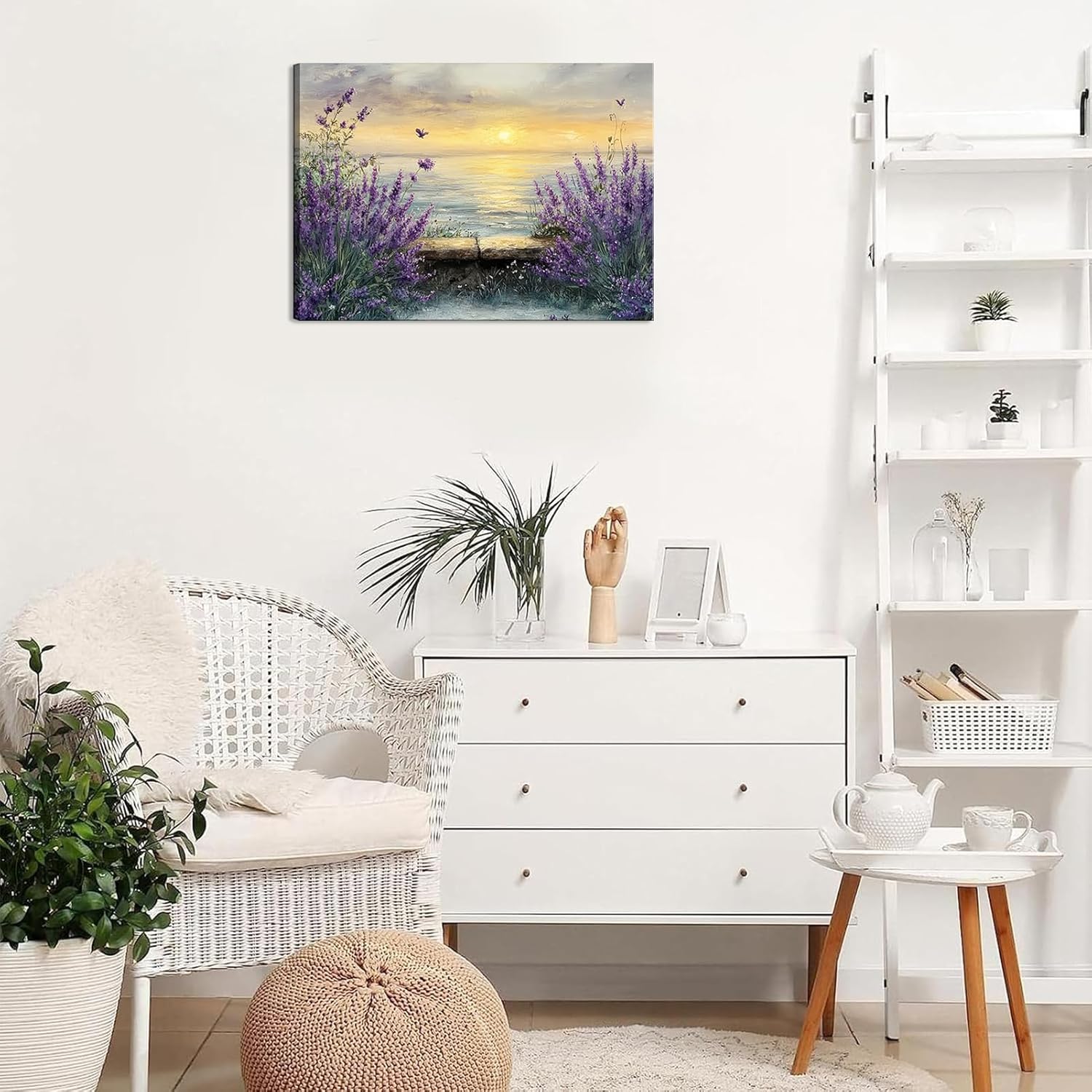 Tertiosh Coastal Sunset Lavender Canvas Wall Art Still Life Seascape Wall Decor Picture Floral Print Beach Theme Painting Artwork for Modern home decoration for living room and bedroom 16x24in
