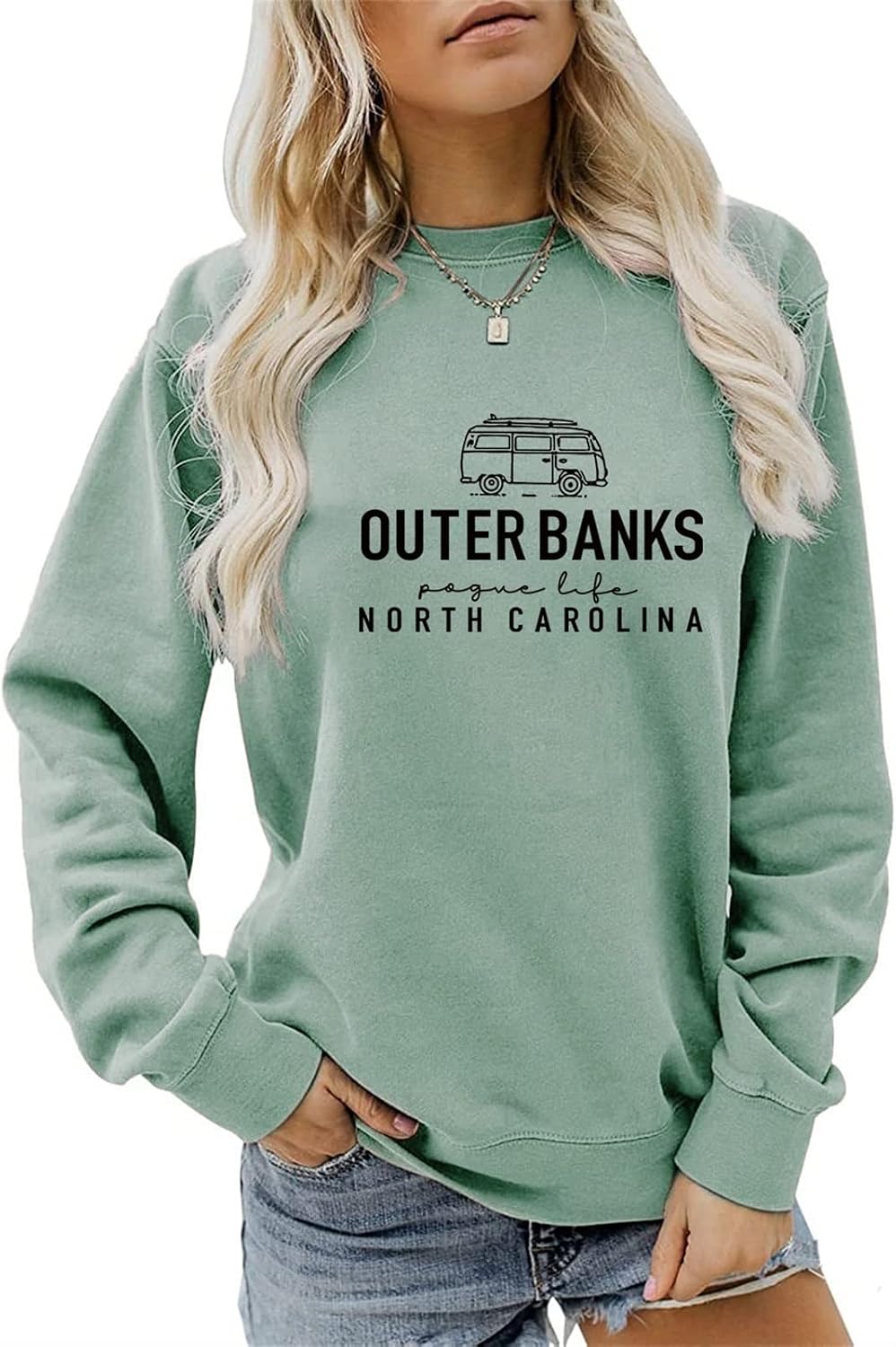 Ladies Outer Banks Sweatshirt Surf Van T-Shirt with Humorous Letter Print and Long Sleeve, Pro-green, Large Size Ladies Outer Banks Sweatshirt Surf Van T-Shirt with Humorous Letter Print and Long Sleeve, Pro-green, Large Size