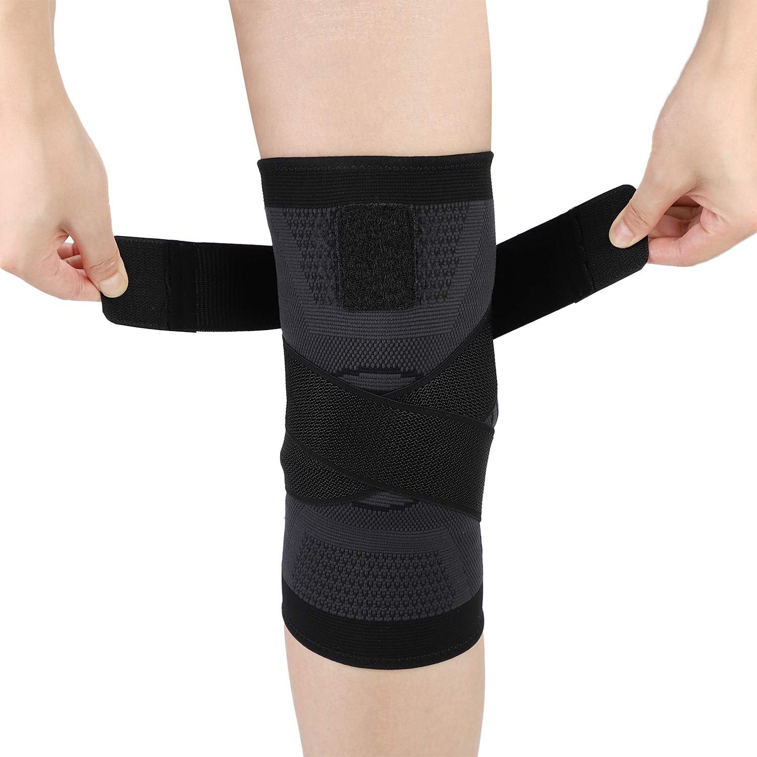 Knee Brace Compression Sleeve with Straps, Knee Support for Men & Women Safety in Sports Running, Adjustable Knee Sleeves for Joint Pain and Arthritis ACL and Meniscus Tear Relief (L, Black-2 Pack)