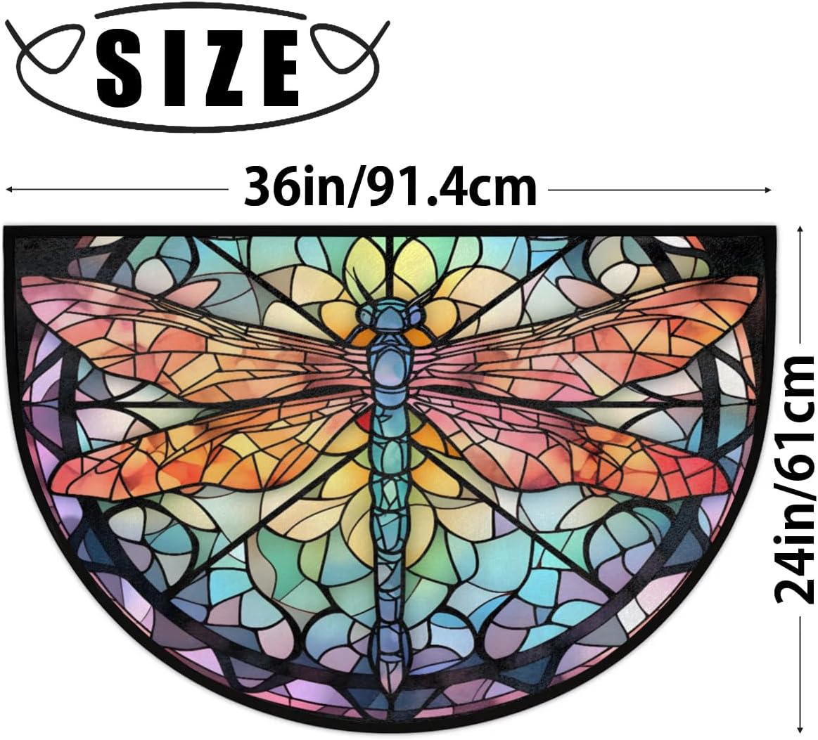 Dragonfly Colorful Stained Glass Half Round Door Mat Non-Slip Soft Doormats for Home Indoor Outdoor Entrance Bath Carpet Area Rugs for Home Dining Living Room Bedroom 36" X 24"