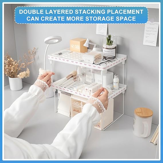 2 Pack Kitchen Counter Shelf Stackable Kitchen Cupboard Shelf Organiser Foldable Spice Rack Cabinet Organiser Shelfs Insert Storage Shelves for Countertop/Bathroom/Office/Sideboard (White)