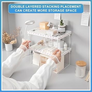 2 Pack Kitchen Counter Shelf Stackable Kitchen Cupboard Shelf Organiser Foldable Spice Rack Cabinet Organiser Shelfs Insert Storage Shelves for Countertop/Bathroom/Office/Sideboard (White)