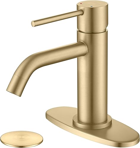 Grifo de baño de oro cepillado con un solo agujero, grifo de lavabo de baño de una sola manija de latón con montaje de drenaje desplegable y placa