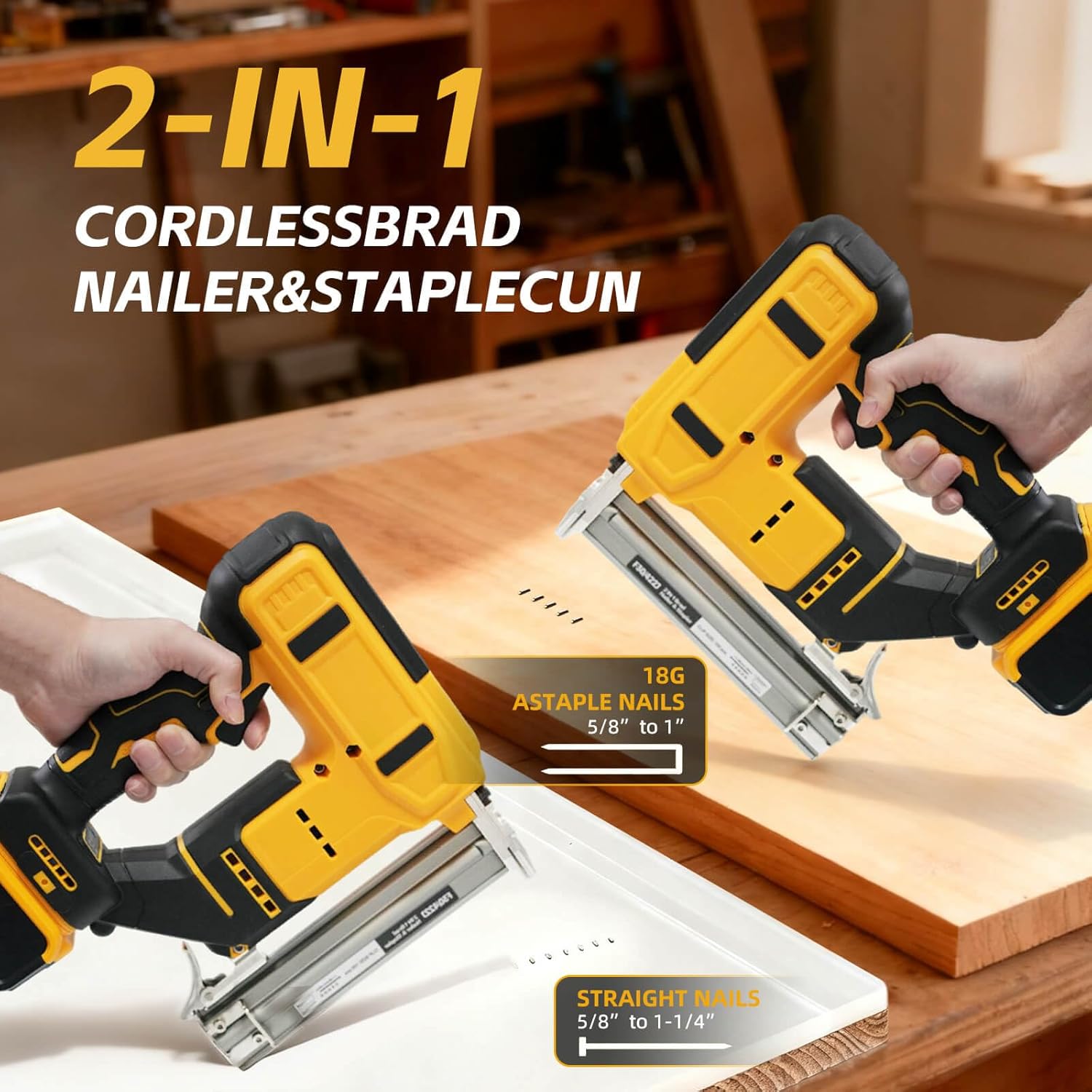 2 in 1 Electric Brad Nailer Compatible with DeWalt 20V Battery(Tool Only), 18 Gauge Cordless Battery Powered Nail Gun/Staple Gun with 1000 Nails &1000 Staples, for Home Improvement, DIY Woodworking